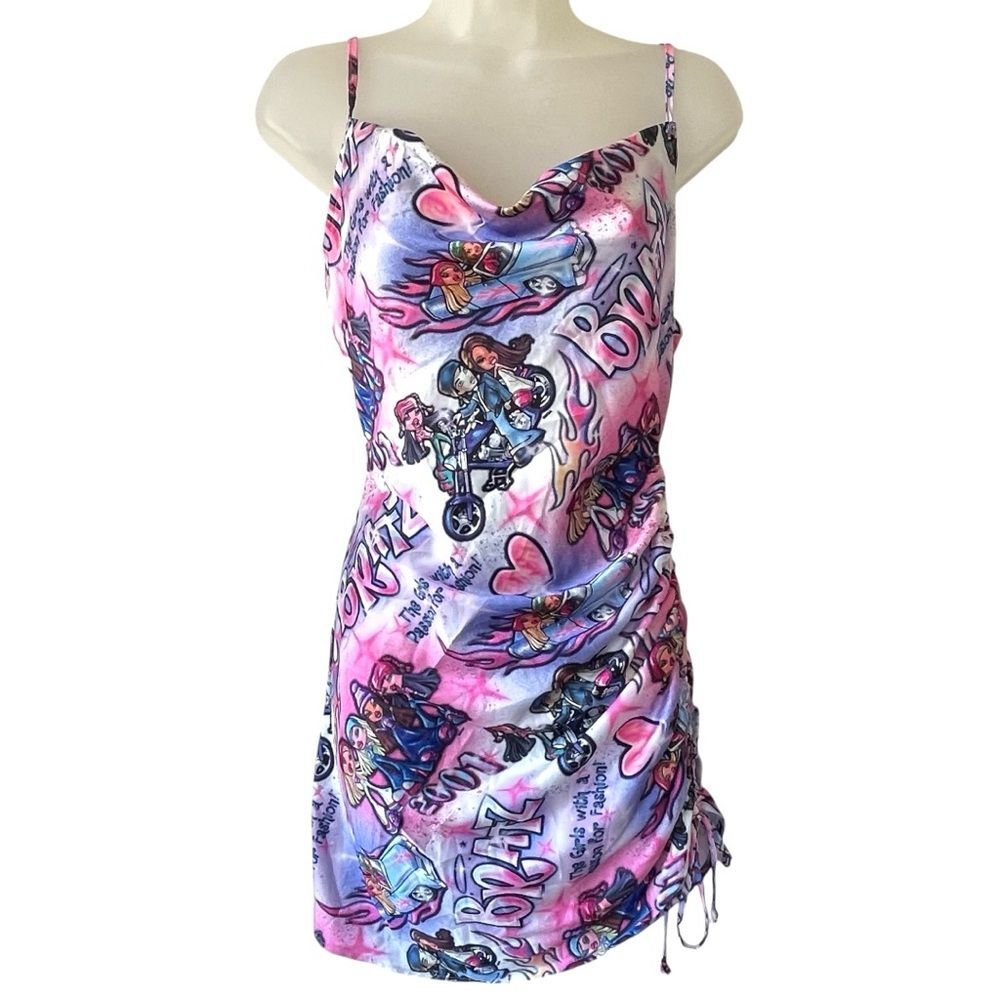 DOLLS KILL x Bratz Hot N' Unbothered Airbrush Print Ruched Satin Mini‎ Dress Sm